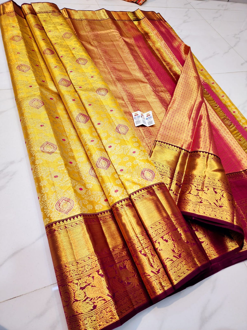 Red colour with golden yellow colour Kanchipuram pure silk bridal saree