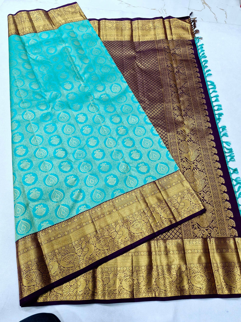 Thumbnail: D purple colour with Rama green colour Kanchipuram pure silk bridal saree 