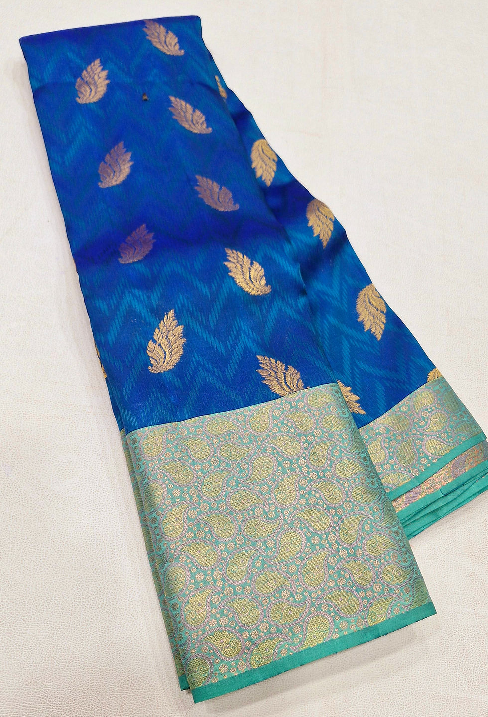 Thumbnail: Rama green colour with peacock blue colour Kanchipuram pure silk saree 