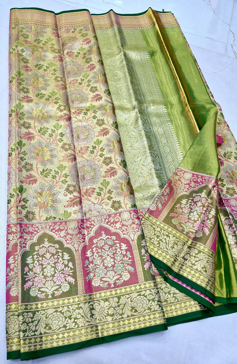 Green colour with golden cream colour Kanchipuram pure silk bridal saree