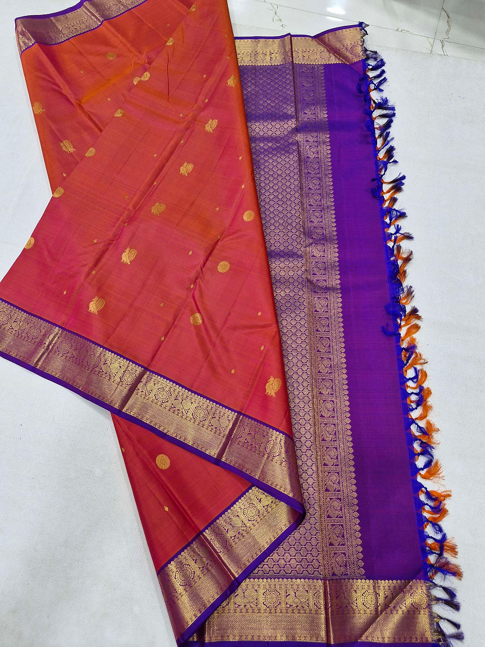 Thumbnail: Purple colour with honey pink colour Kanchipuram pure silk saree 