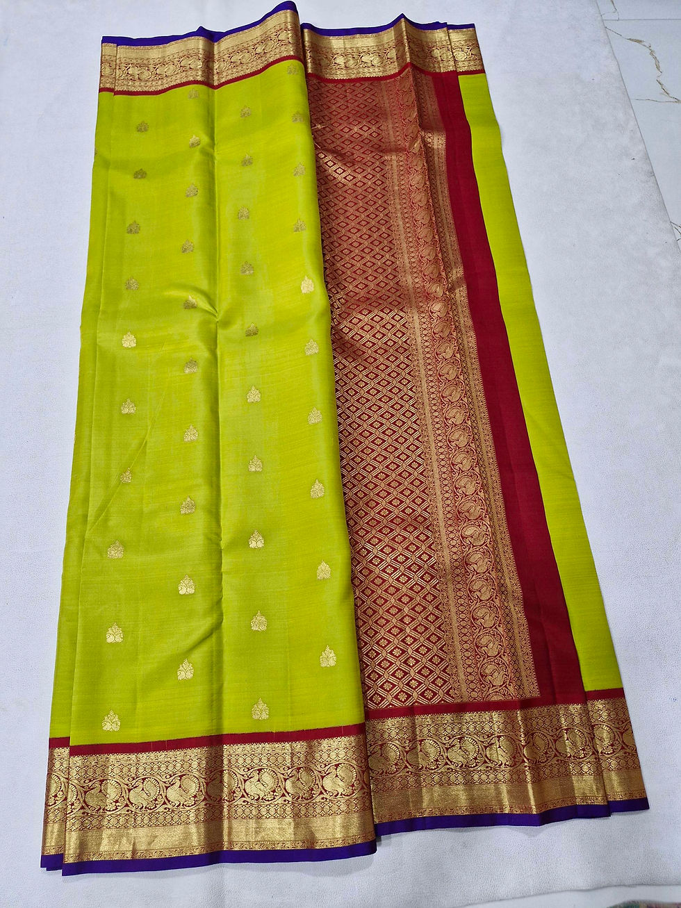 Thumbnail: Red with parrot green colour Kanchipuram pure silk saree 