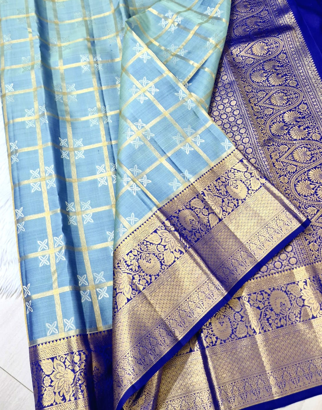 Royal blue with oicard blue colour Kanchipuram pure silk saree 