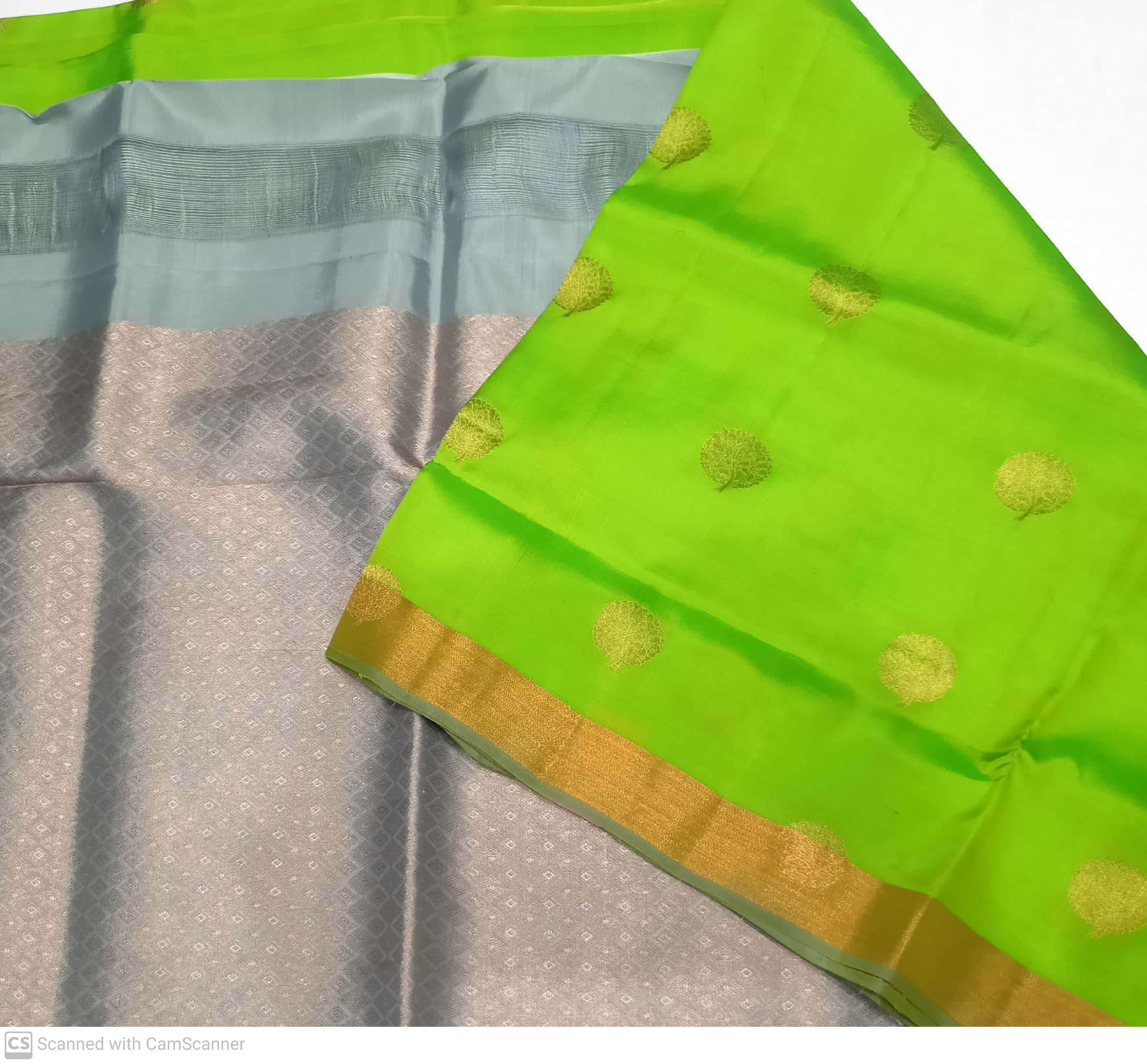 Grey colour with mint parrot green colour kanchipuram pure silk saree 