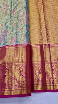 Thumbnail: Pink colour with Rama green colour Kanchipuram pure silk bridal saree 