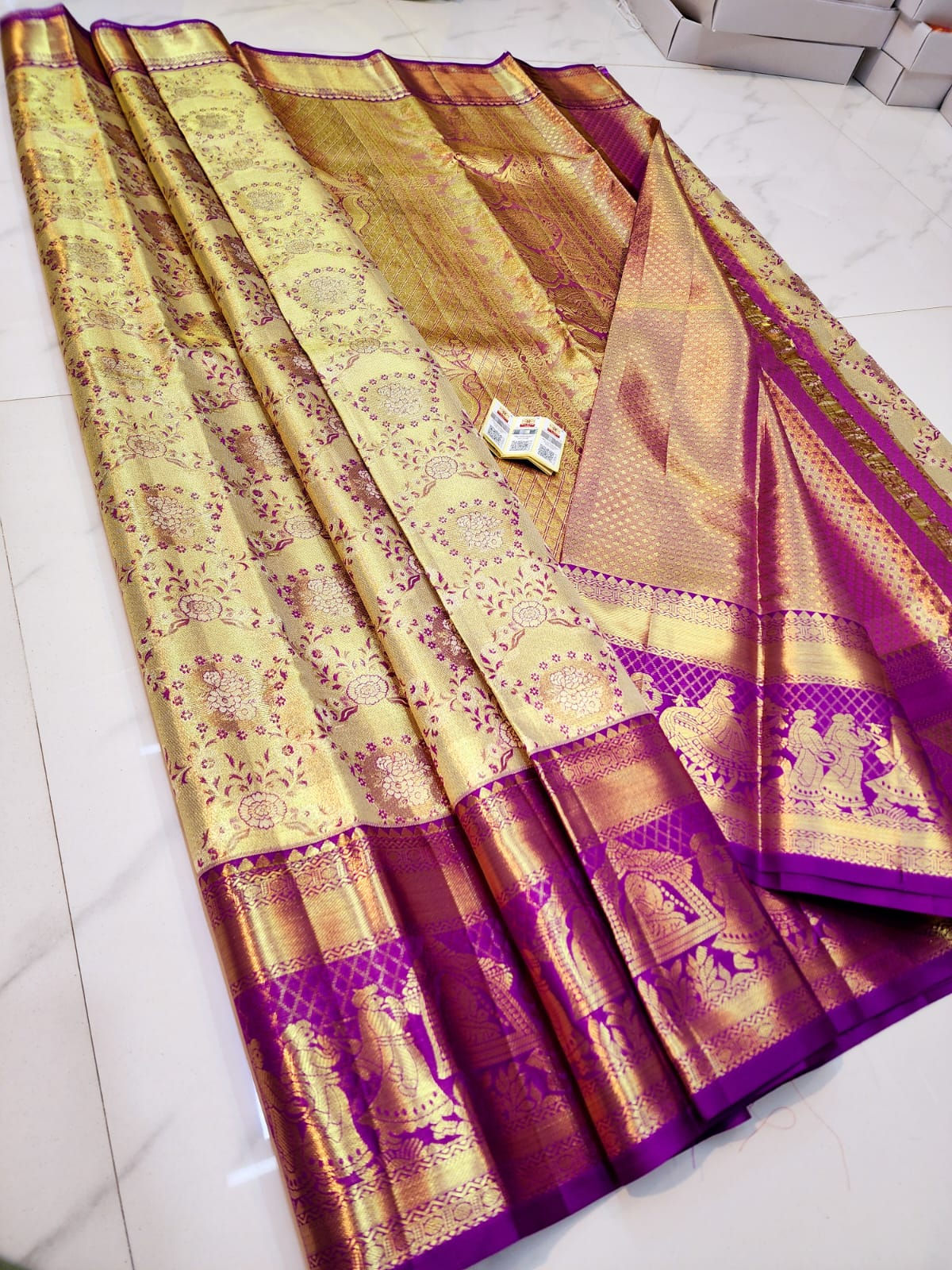 Purple colour with golden cream colour Kanchipuram pure silk bridal saree 