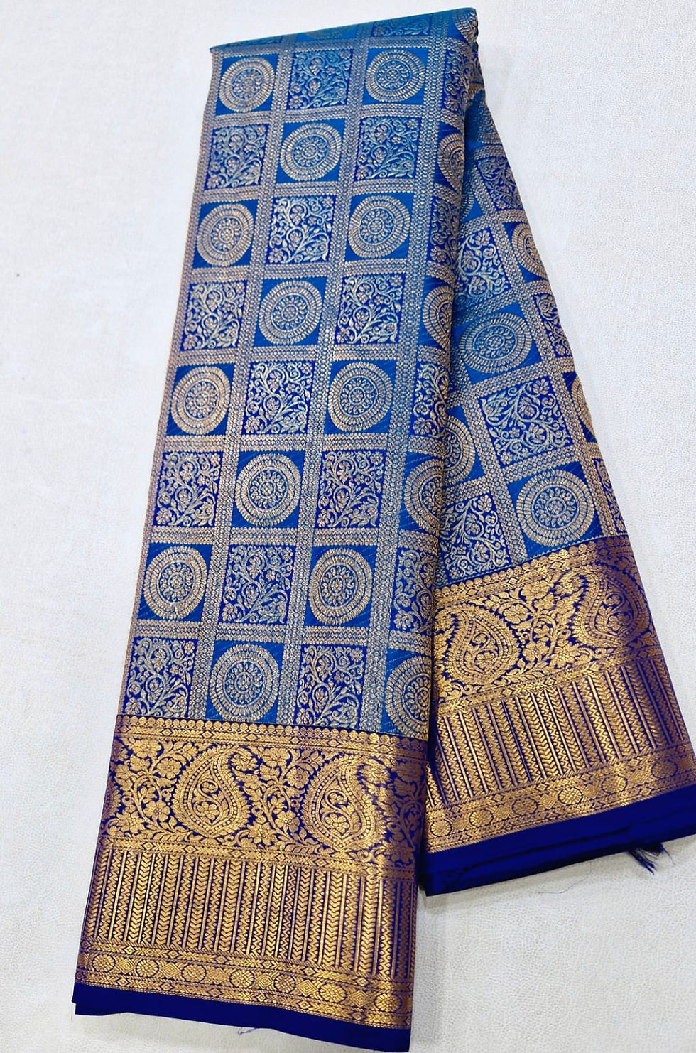 Thumbnail: Navy blue with peacock colour Kanchipuram pure silk bridal saree 