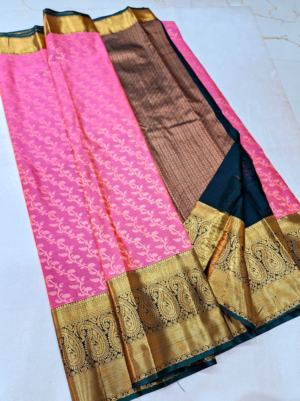 Thumbnail: Green colour with Lotus pink colour Kanchipuram pattu saree 