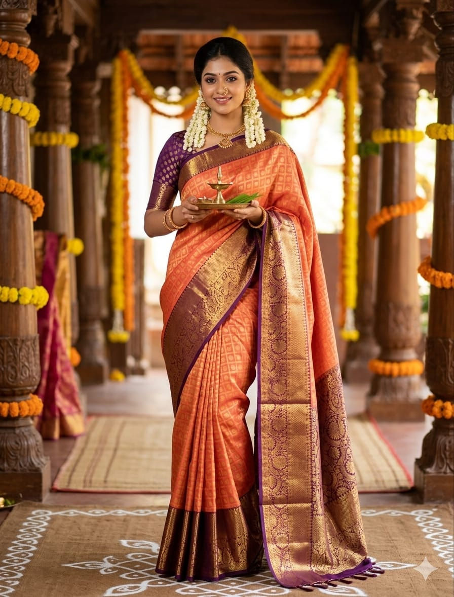 Thumbnail: Brown colour with light peach colour Kanchipuram pattu saree