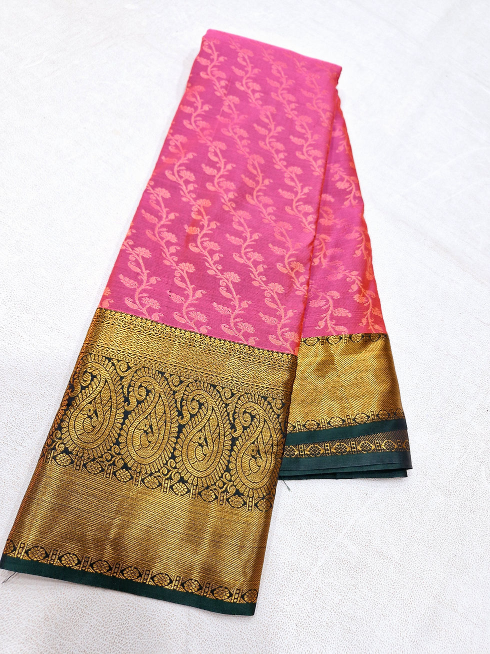 Thumbnail: Green colour with Lotus pink colour Kanchipuram pattu saree 