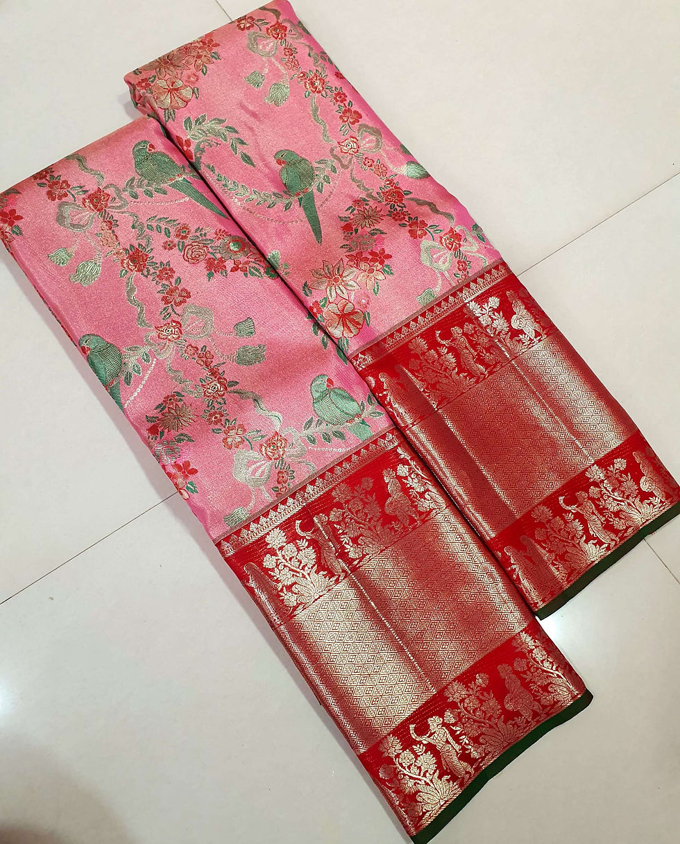 Red colour with mint pink colour kanchipuram bridal silk Saree 