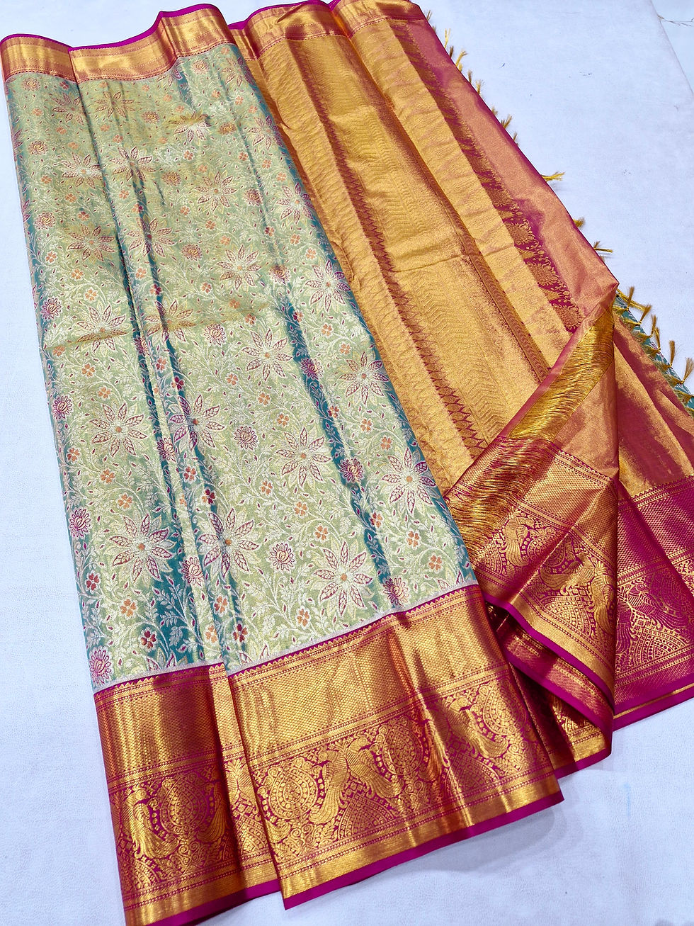 Thumbnail: Pink colour with Rama green colour Kanchipuram pure silk bridal saree 