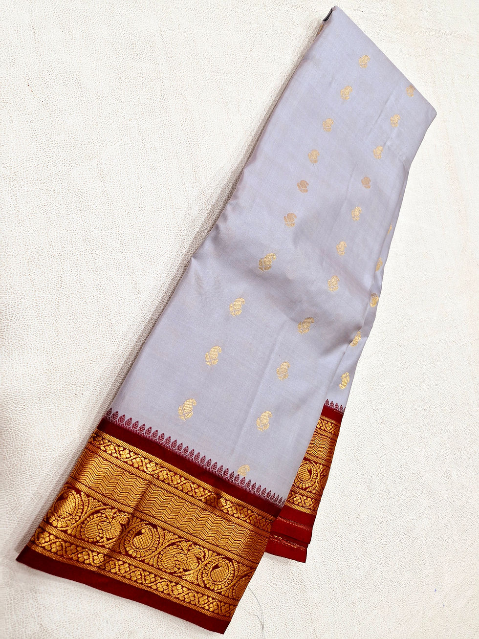 Thumbnail: Red colour with grey colour Kanchipuram pure silk saree 
