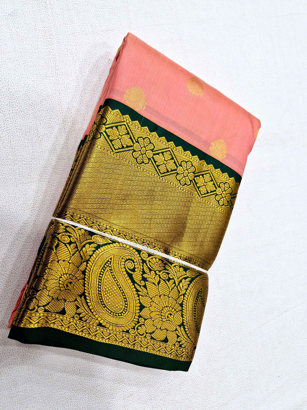 Thumbnail: Green colour with peach colour Kanchipuram pure silk saree 