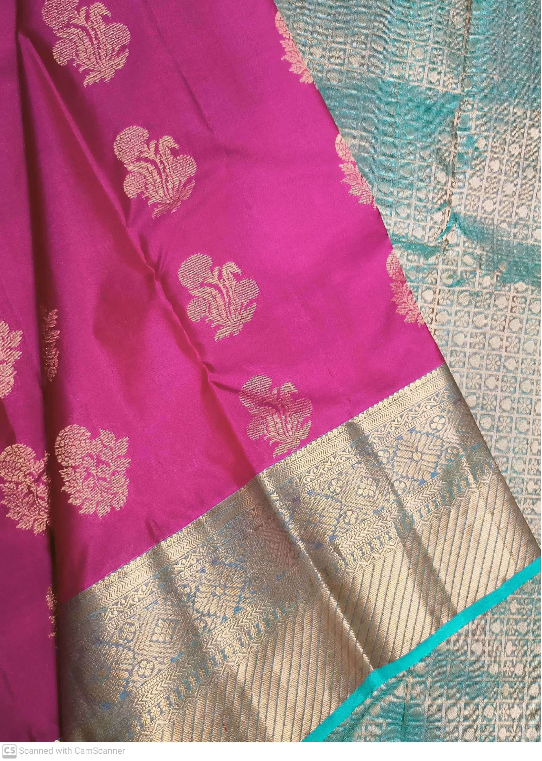 Rama Green with pink colour kanchipuram pure silk saree 