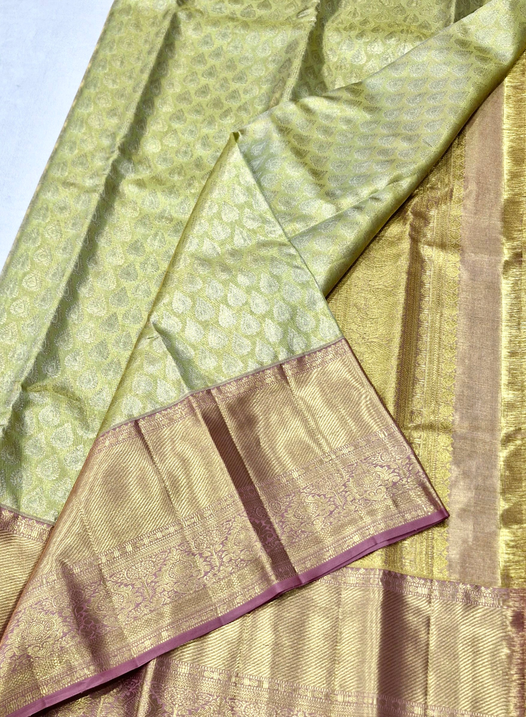 Light chocolate colour with pista green colour Kanchipuram pure silk sarees
