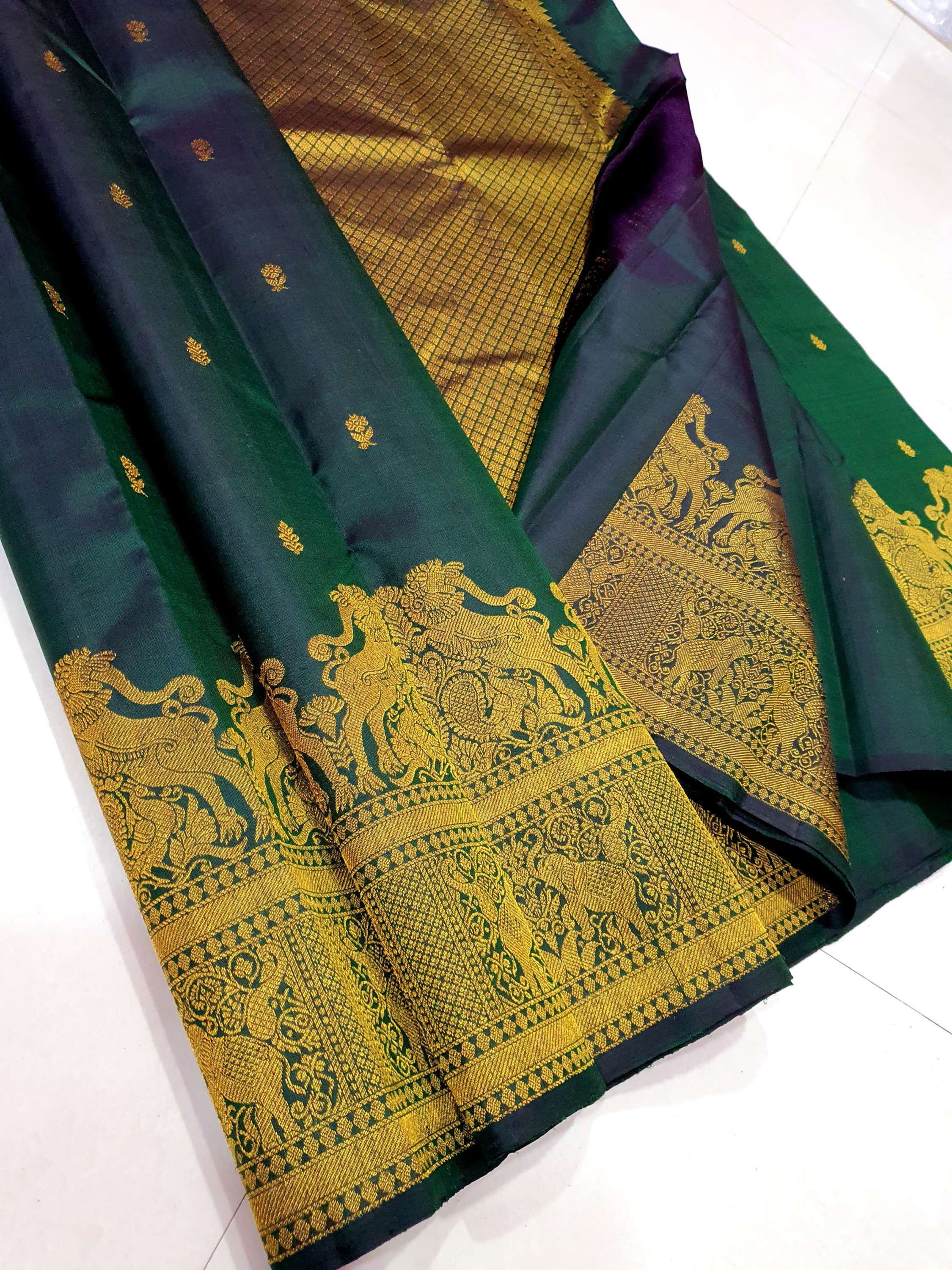Peacock green colour Kanchipuram pure silk bridal saree
