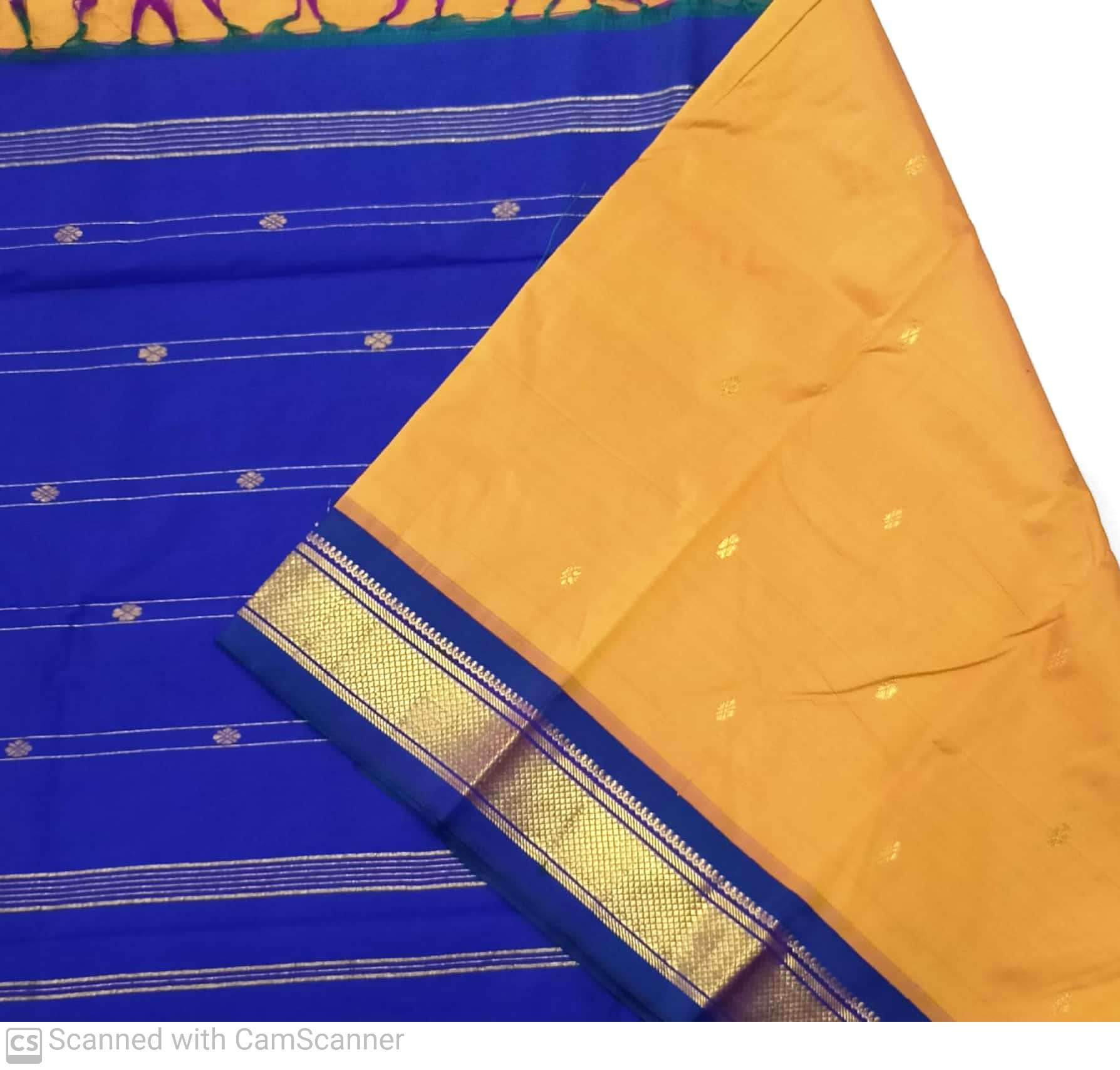 Blue colour with golden mustard colour kanchipuram pure silk saree 
