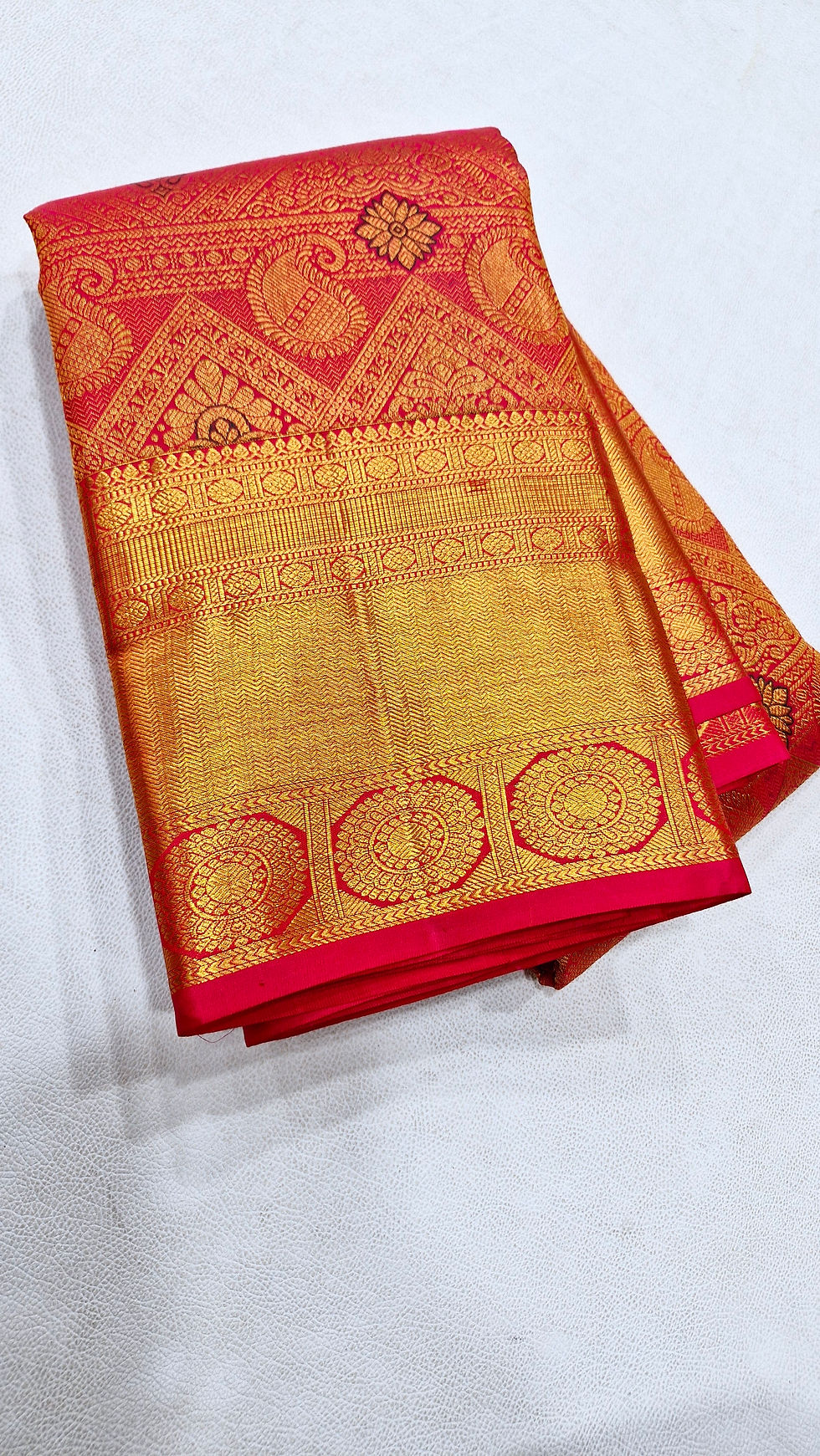 Thumbnail: Pink with peach colour kanchipuram pure silk bridal saree 