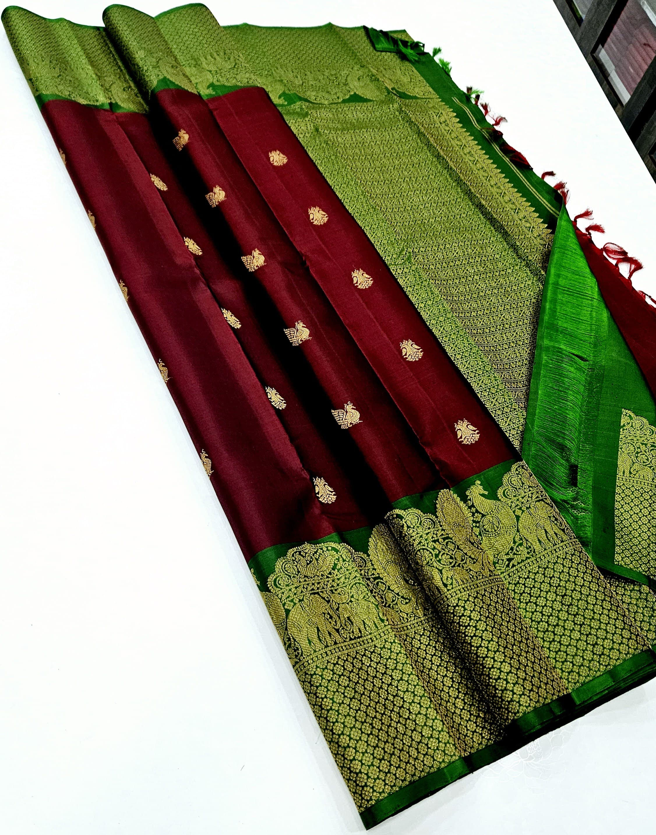 Green colour with brown colour kanchipuram pure silk saree