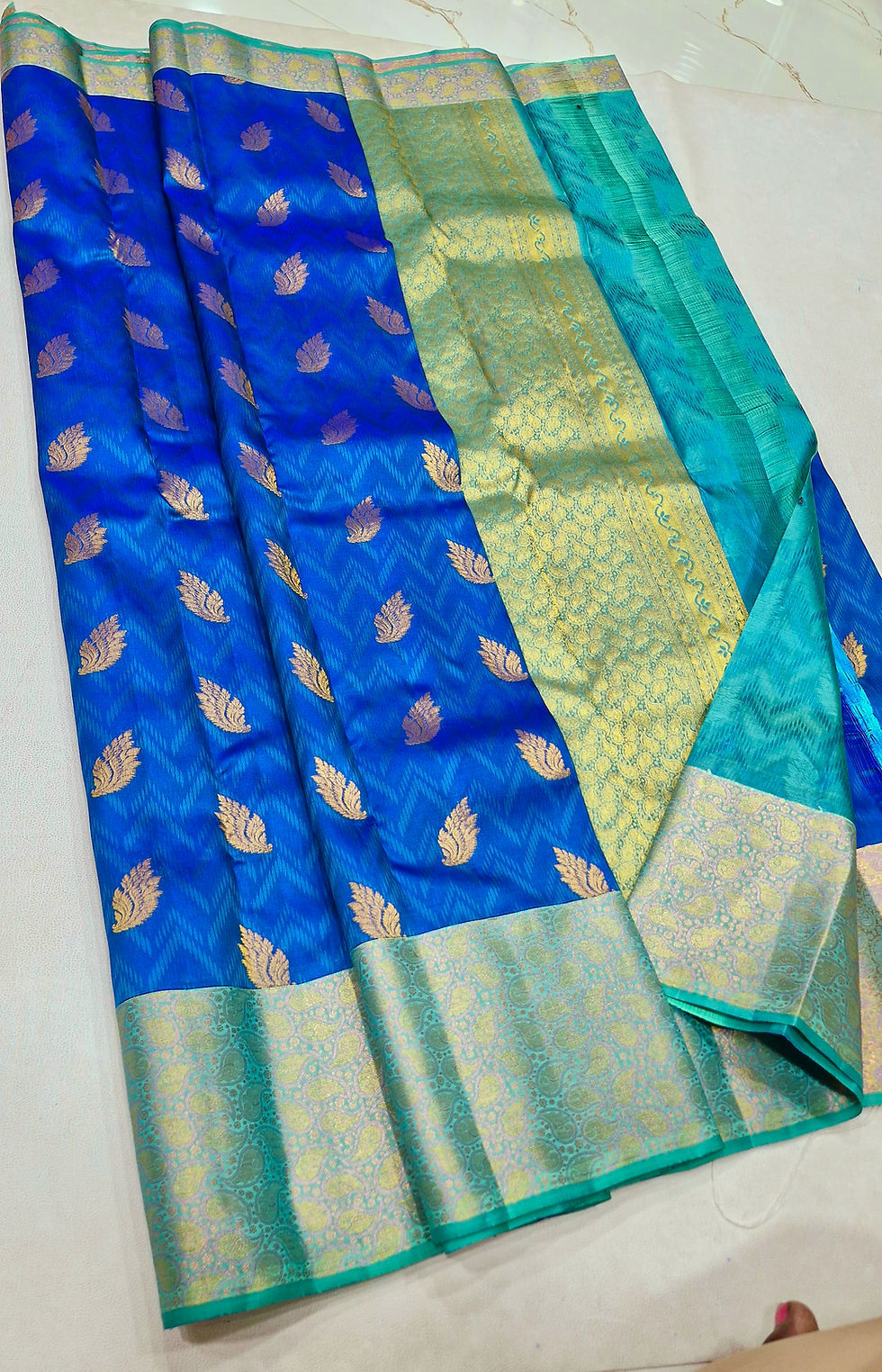 Thumbnail: Rama green colour with peacock blue colour Kanchipuram pure silk saree 