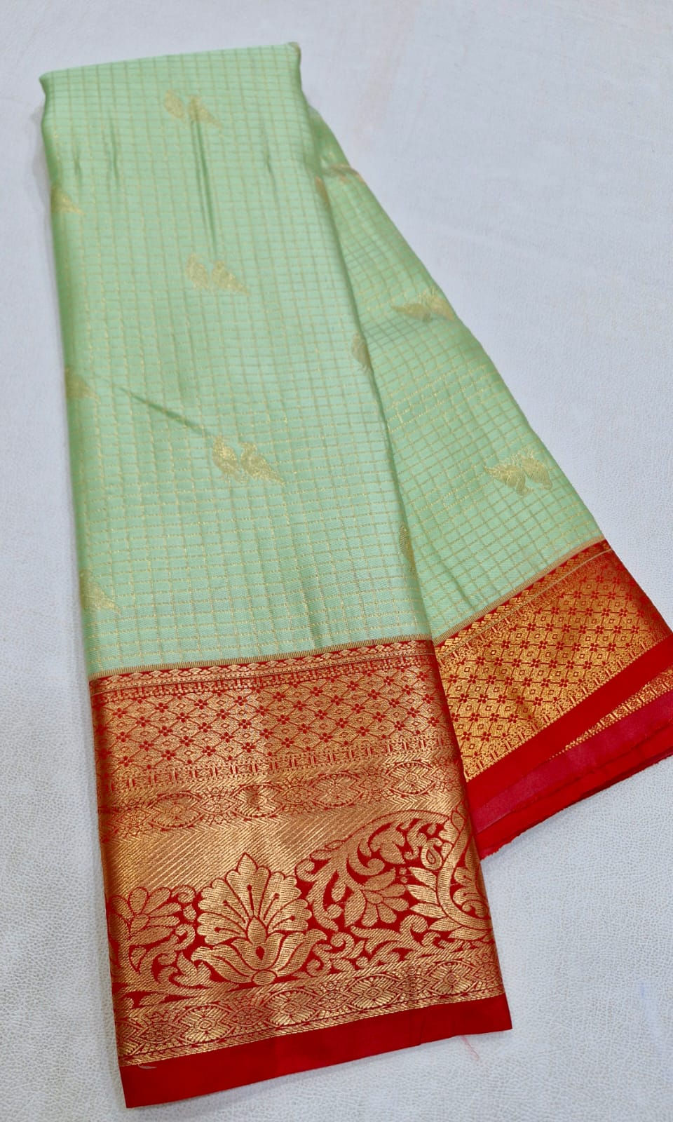 Thumbnail: Red colour with rexona green colour Kanchipuram pattu saree