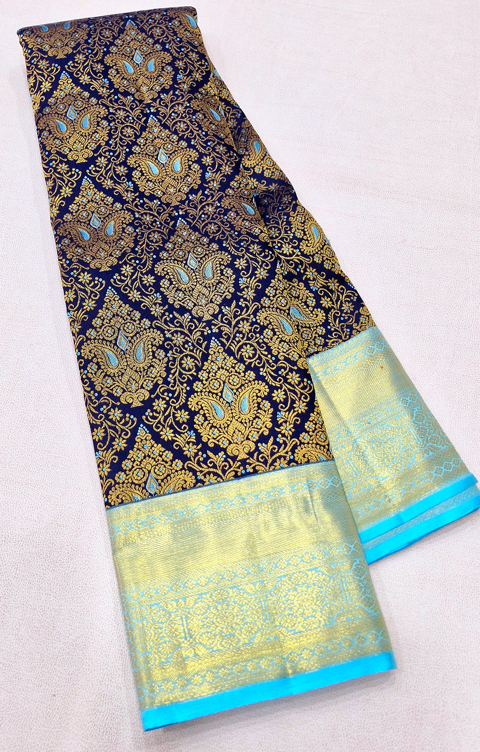 Thumbnail: Sky blue colour with Navy blue colour Kanchipuram pure silk bridal saree 