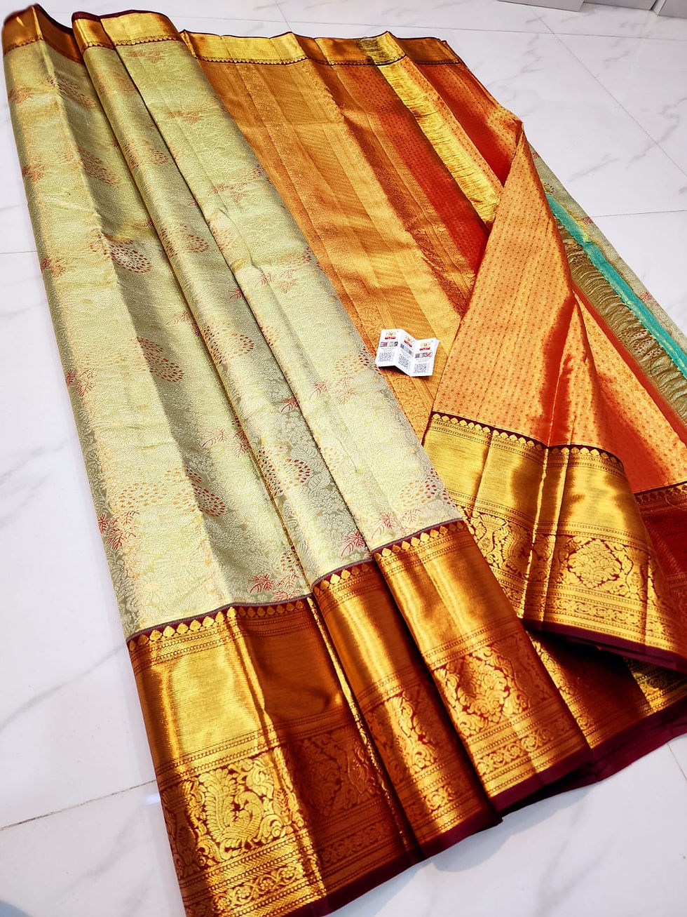 Red colour with golden pista colour kanchipuram pure silk bridal saree