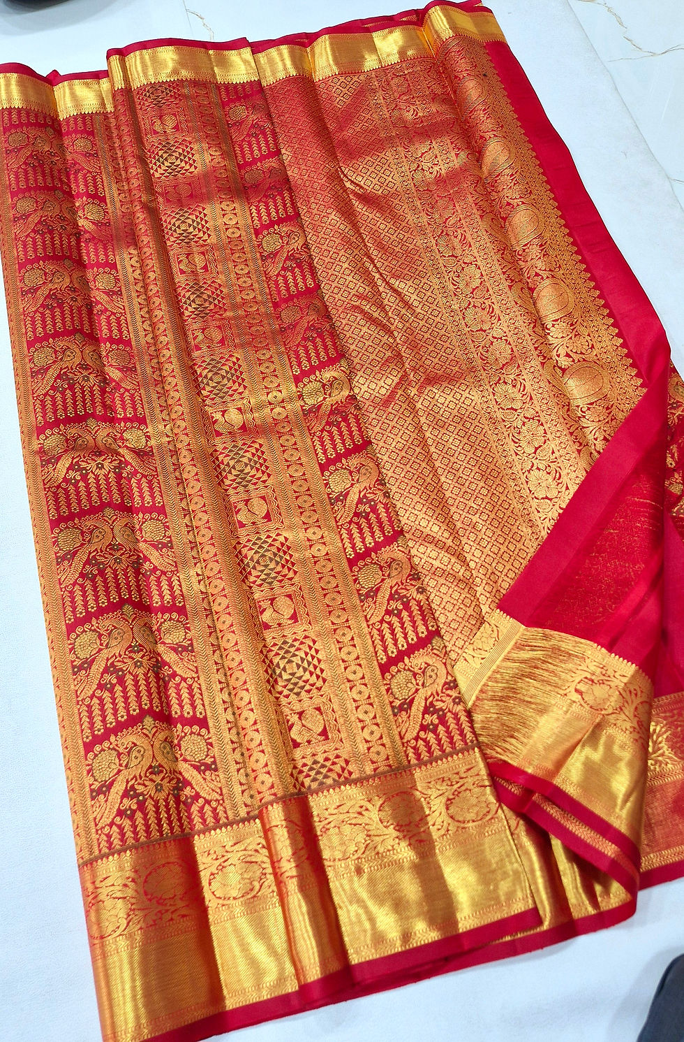 Thumbnail: Red colour Kanchipuram pure silk bridal saree 