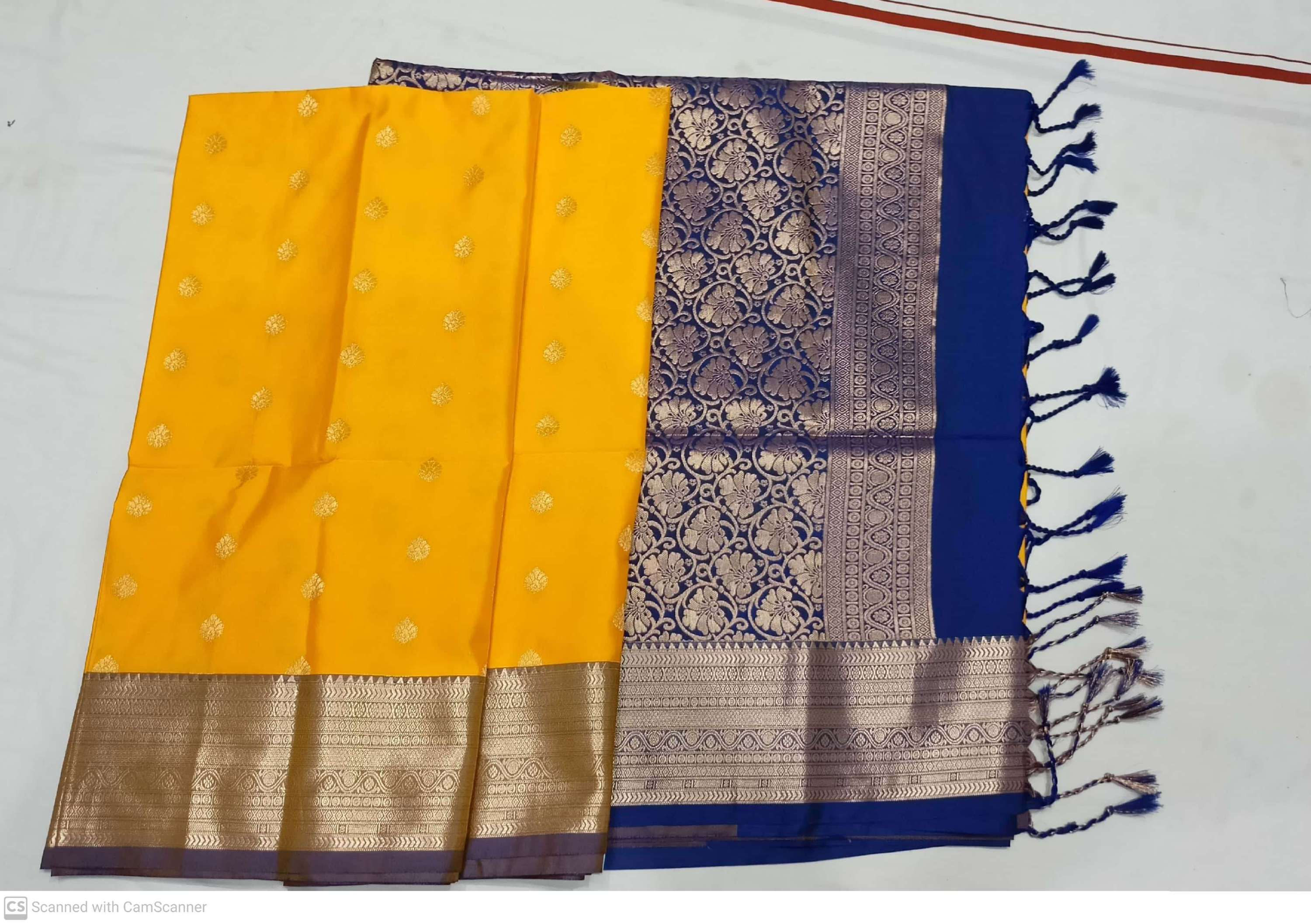 Navy blue with yellow colour kanchipuram soft silk saree 