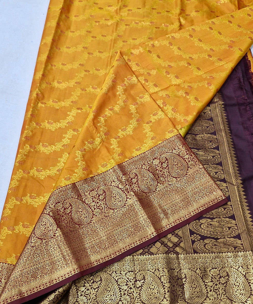 Brown colour with golden mustard Kanchipuram pattu saree 