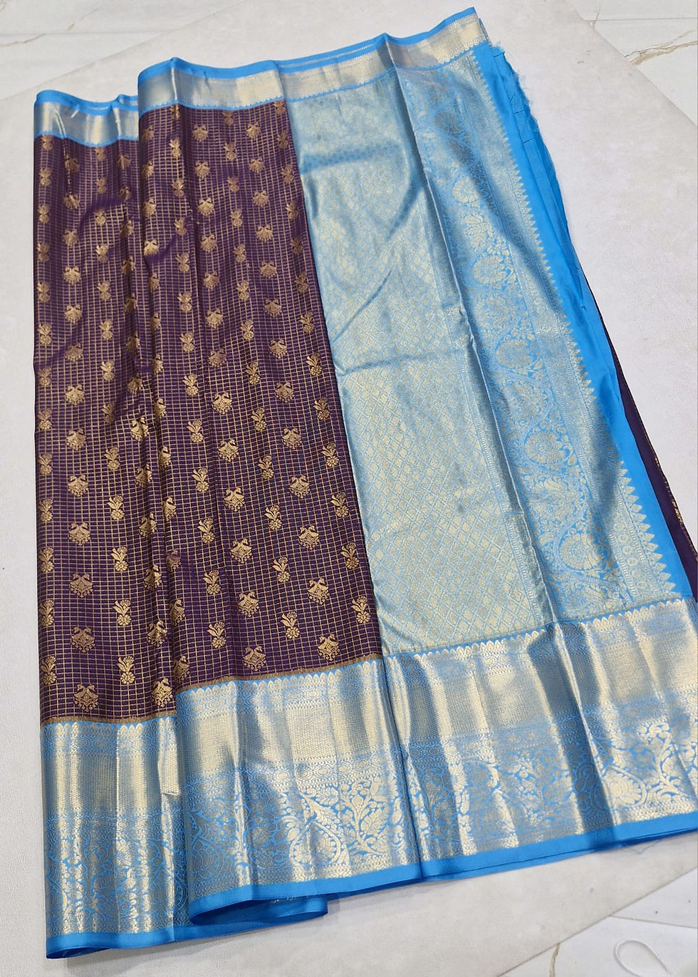 Thumbnail: Sky blue colour with coffee brown colour Kanchipuram pattu saree