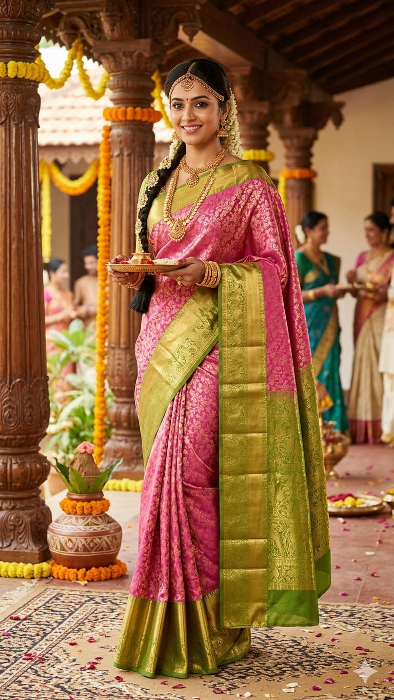 Thumbnail: Parrot green colour with Lotus pink colour Kanchipuram pattu saree