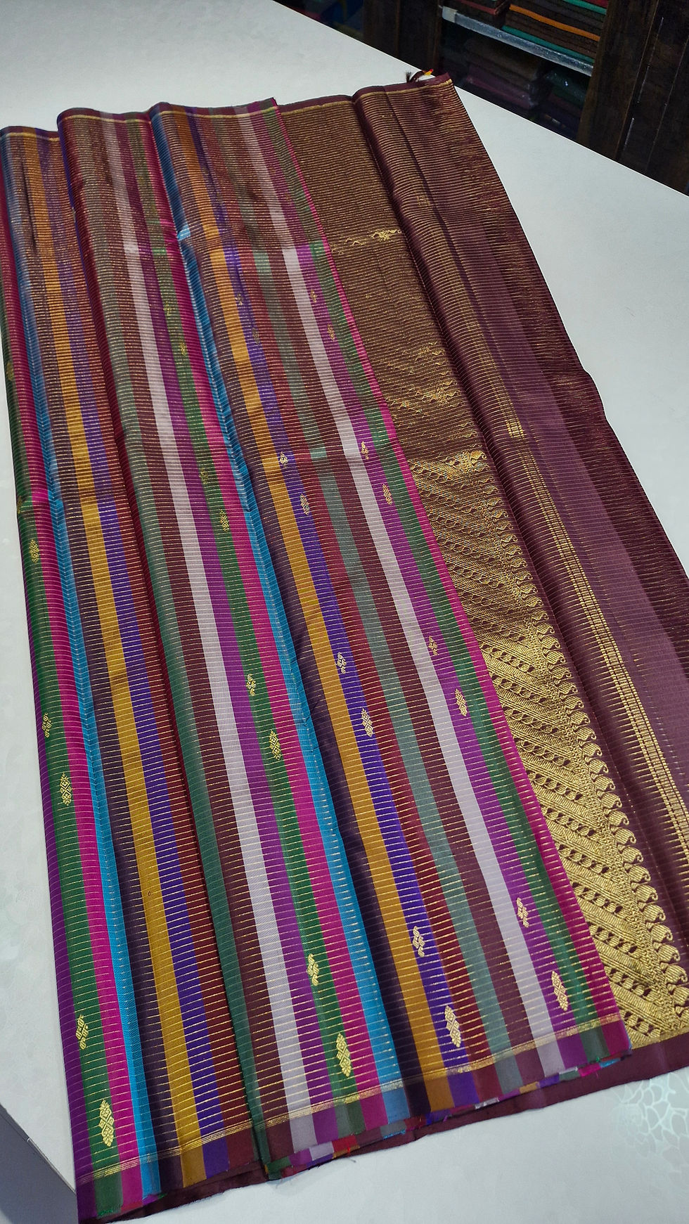 Thumbnail: Multi colour without border Kanchipuram pure silk saree