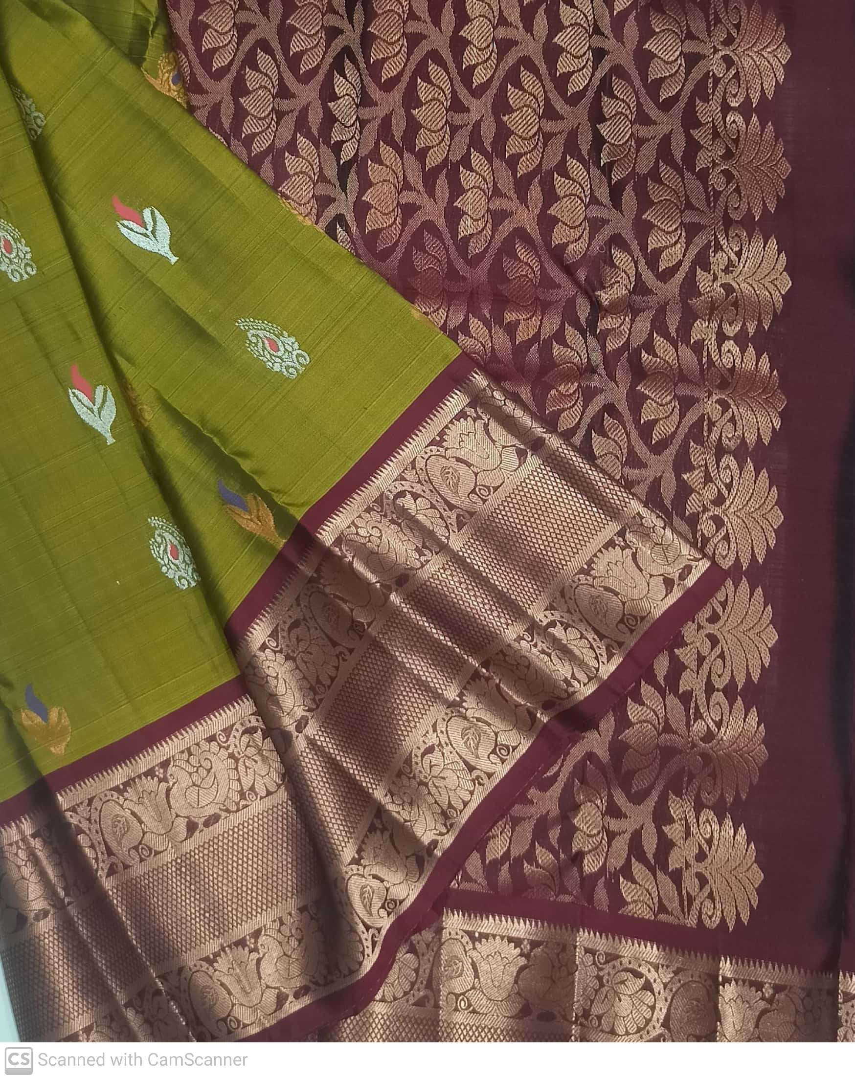 Maroon colour with Vasantha green colour kanchipuram pure silk saree 