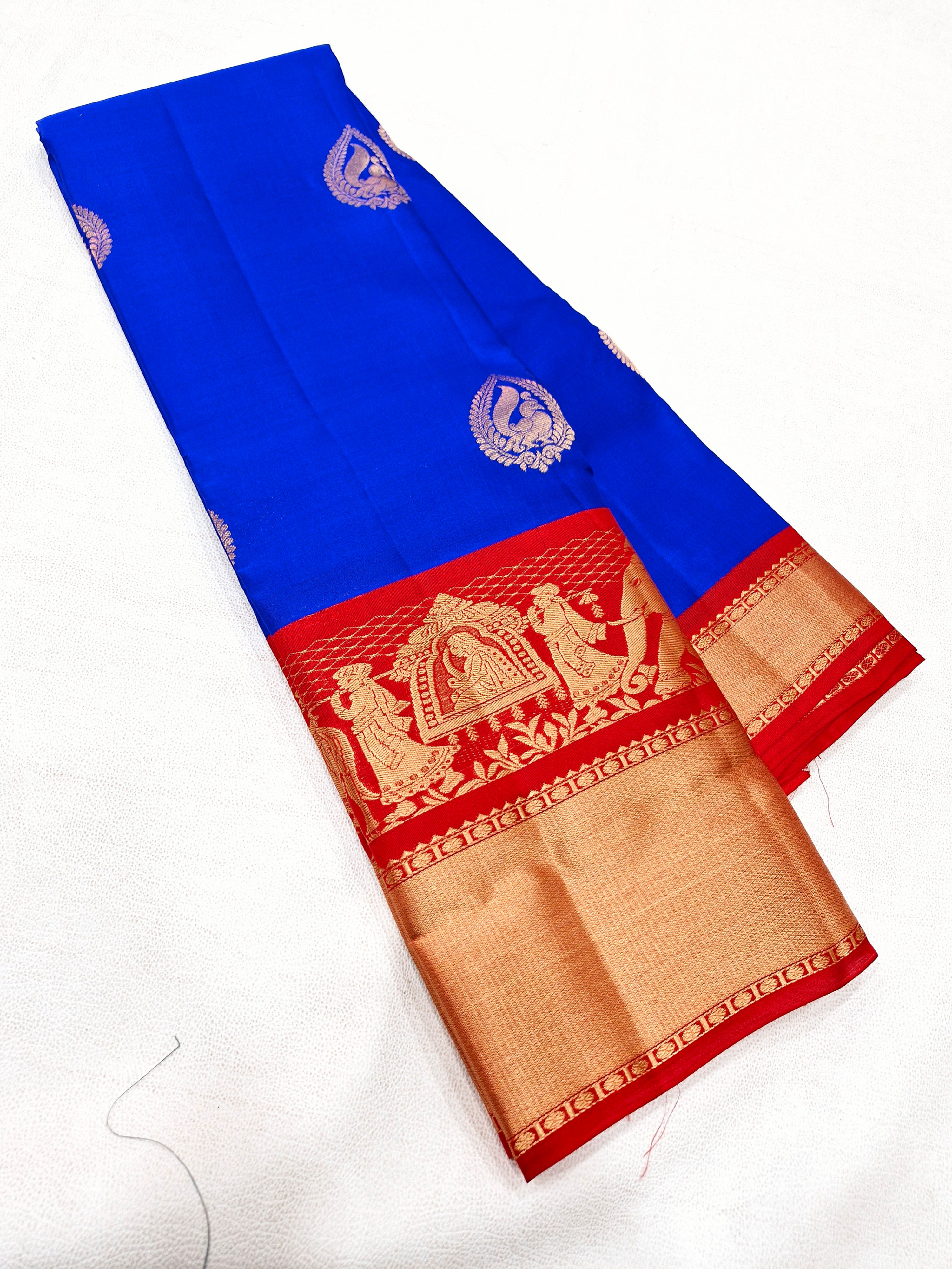 Red colour with royal blue colour Kanchipuram pure silk saree