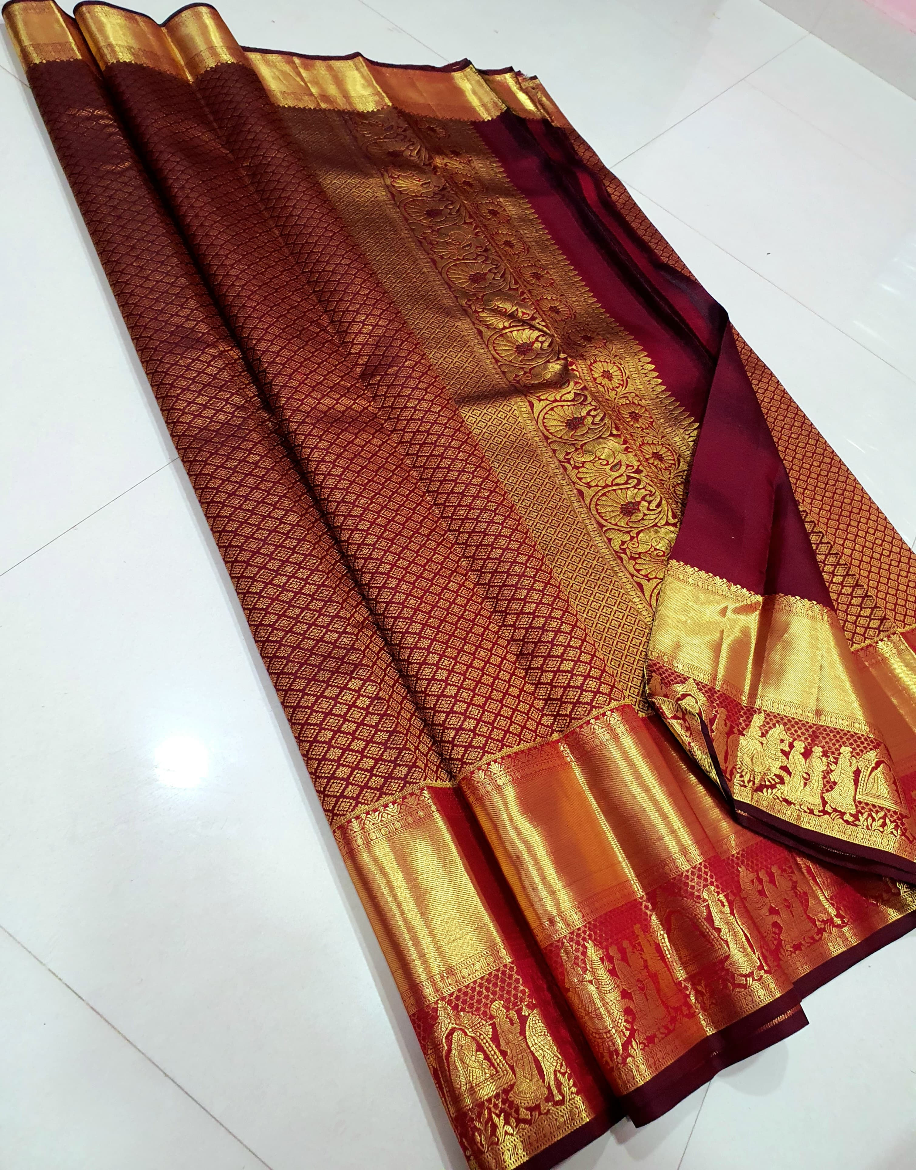 Maroon colour kanchipuram pure silk bridal saree 