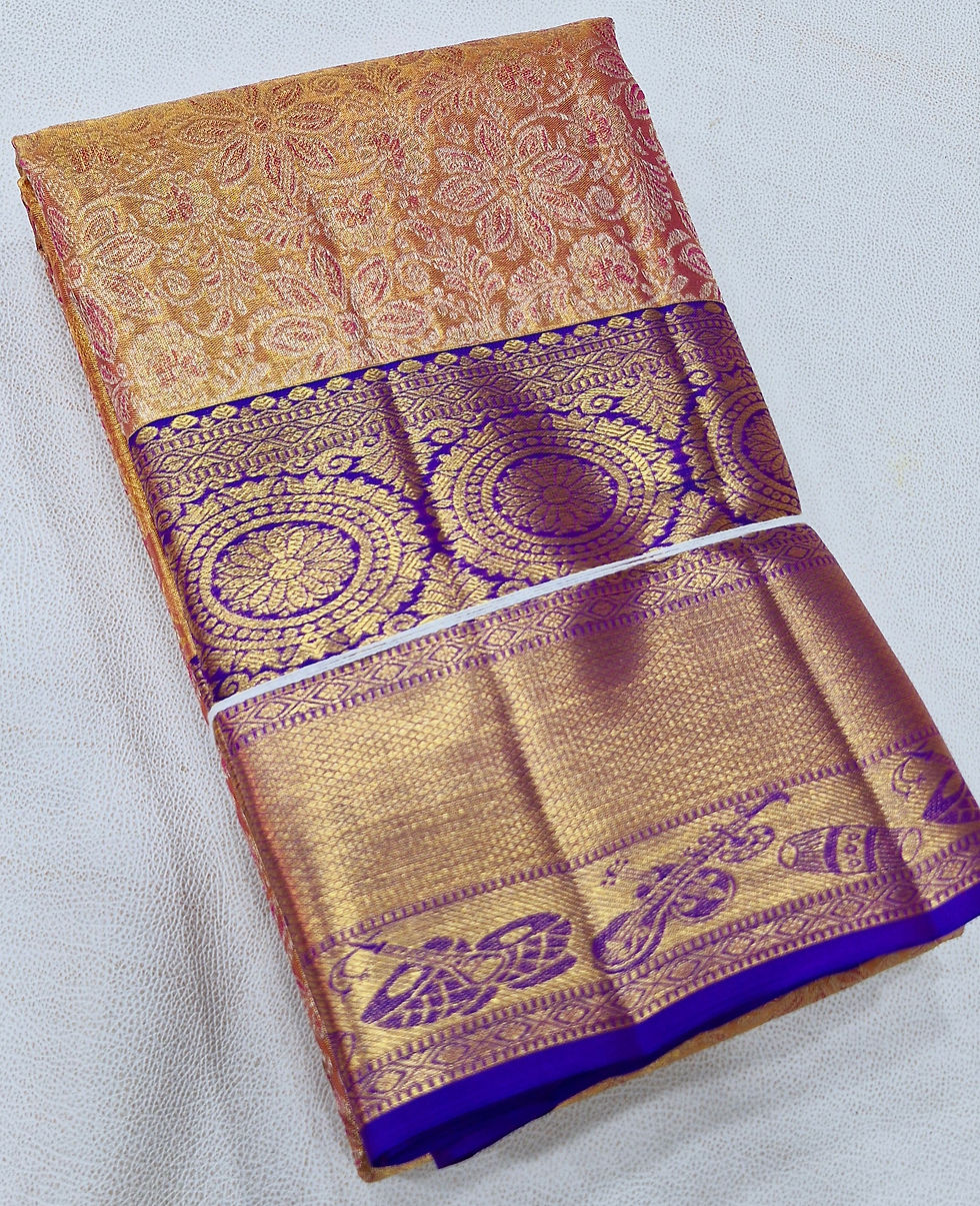 Thumbnail: Purple colour with golden peach colour Kanchipuram pure silk saree 