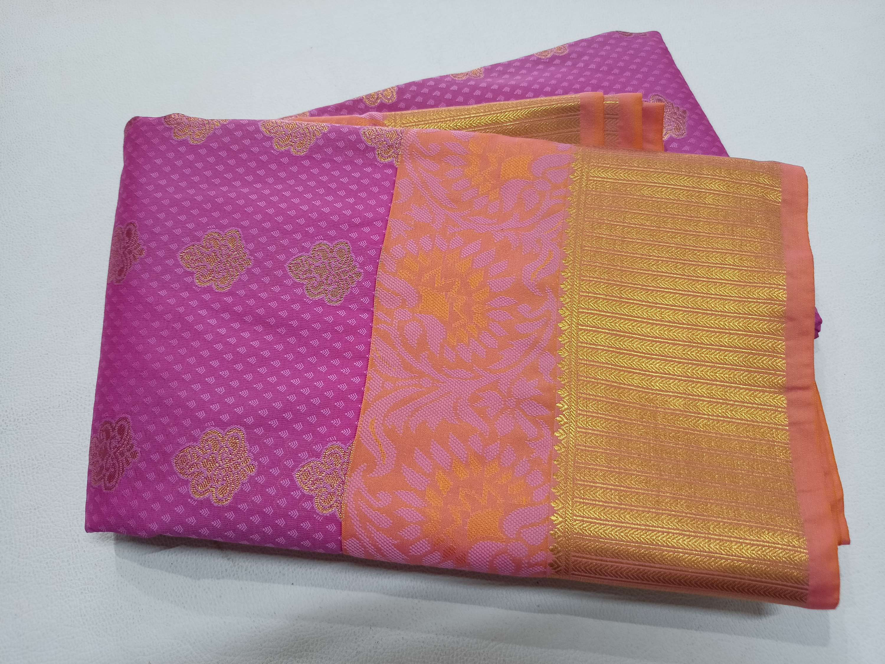 Mango color with baby pink colour kanchipuram semi silk saree collection 