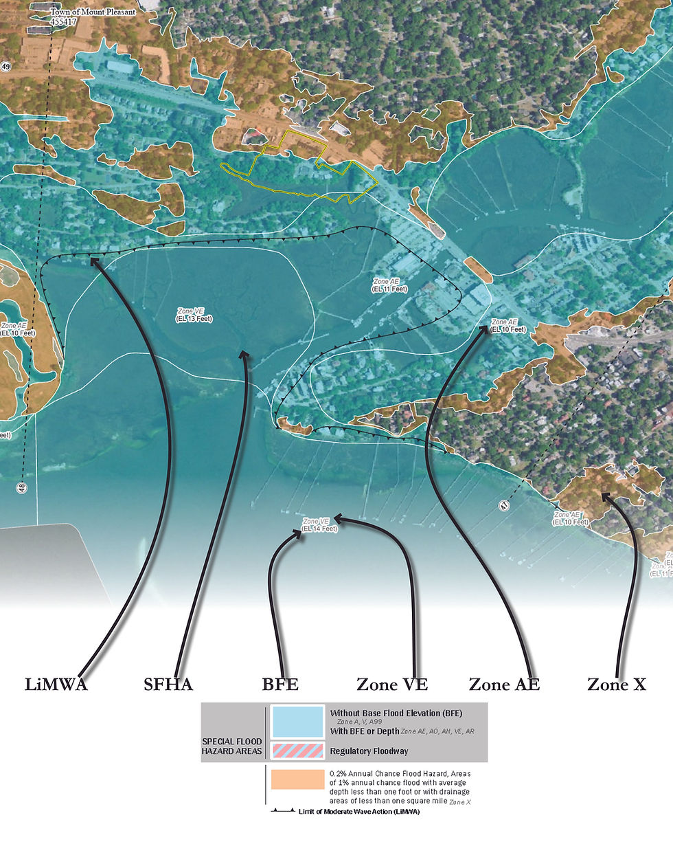 Charleston flood map showing LiMWA, SFHA, Base Flood Elevation, and flood zones VE, AE, and X with highlighted risk areas.