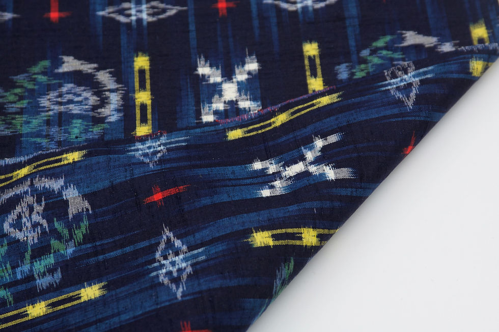 Thumbnail: vintage japanese handwoven high grade navy blue  shoken silk kimono fabric Hanamaru tsumugi floral kasuri rain striped mingei