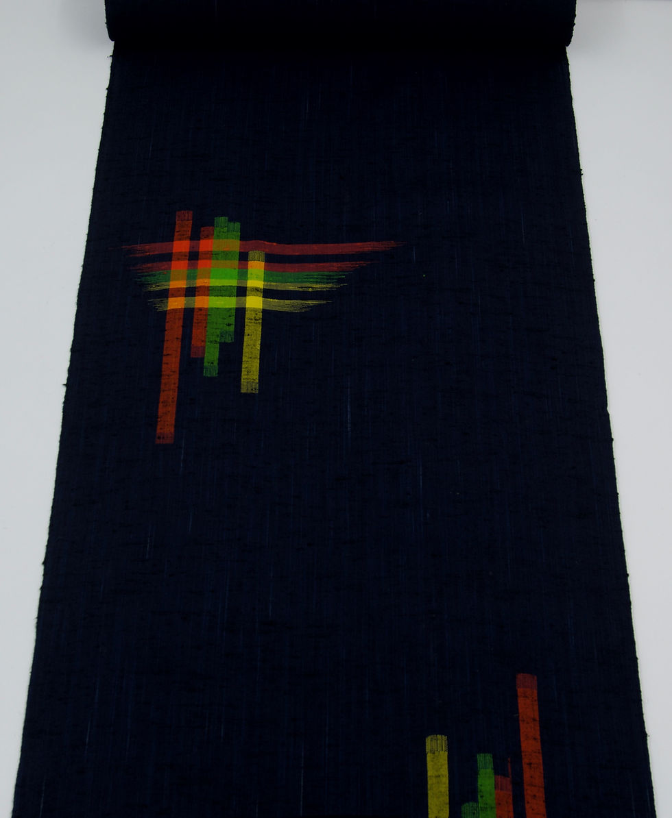 Thumbnail: vintage japanese kimono fabric handwoven kyoto nishijin silk wool navy blue Koshi tsumugi multicolor lattice mingei ikat folk