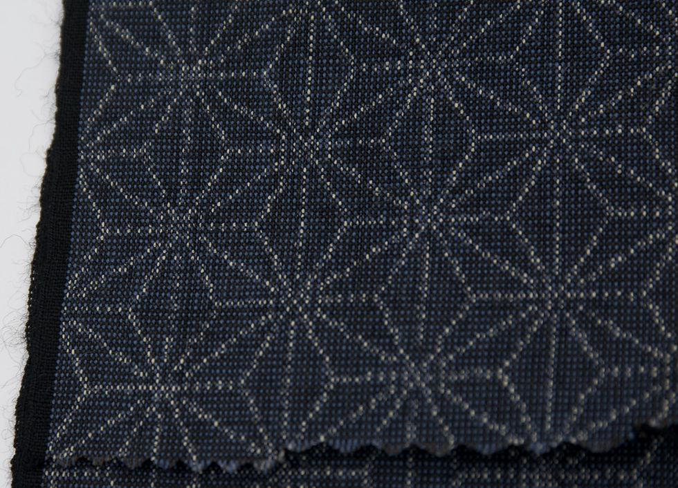 Thumbnail: vintage japanese top class a rank wool fabric handwoven tokusen isuzu tsumugi grey blue geometric asanoha star sashiko by the yard