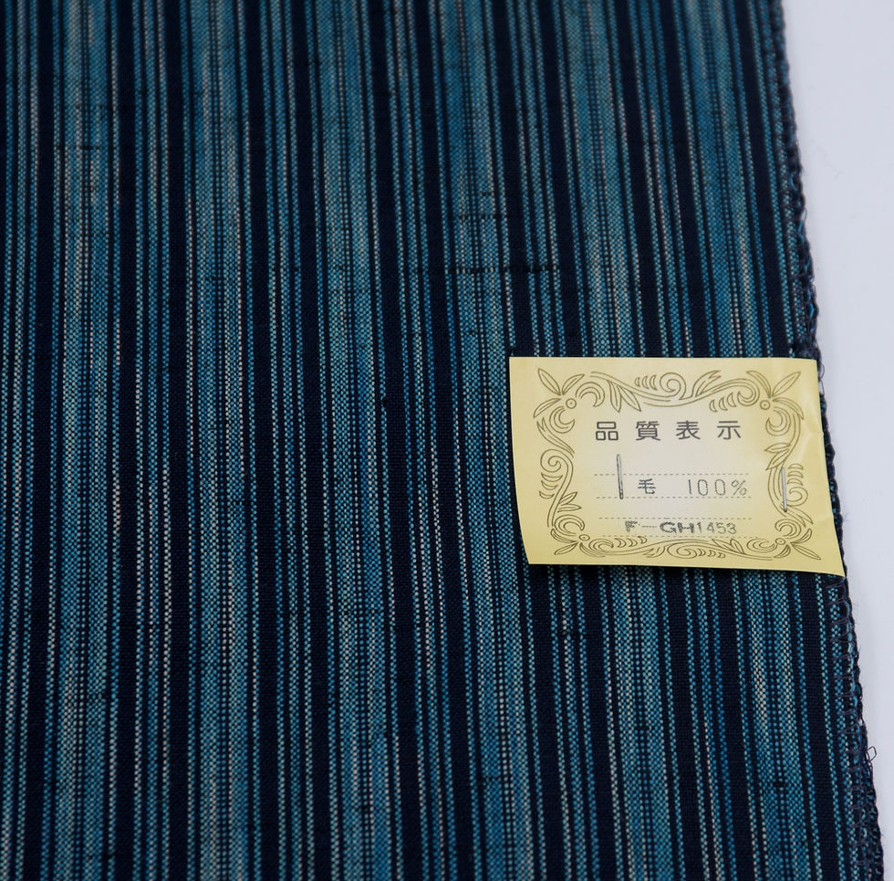 Thumbnail: vintage japanese handwoven tokusen kimono fabric Shima tsumugi artisan wool navy light blue striped abstract ikat by the yard