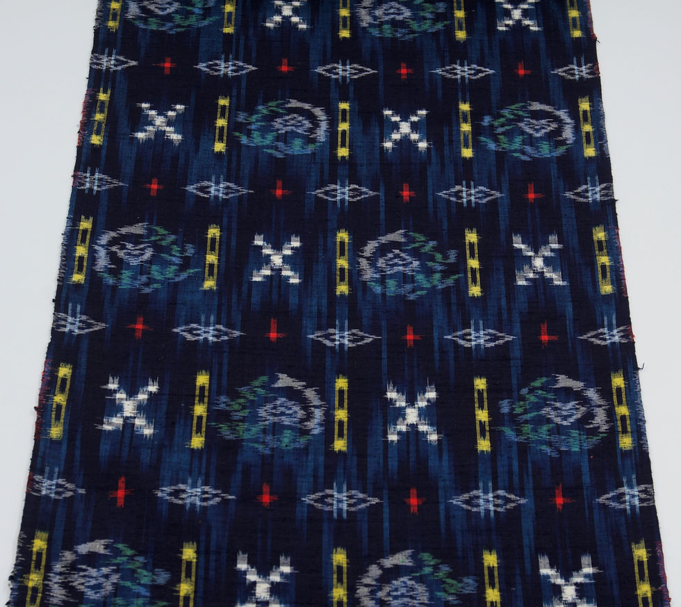 vintage japanese handwoven navy blue Aizome silk kimono fabric Hanamaru tsumugi floral kasuri lattice folk ikat by the metre