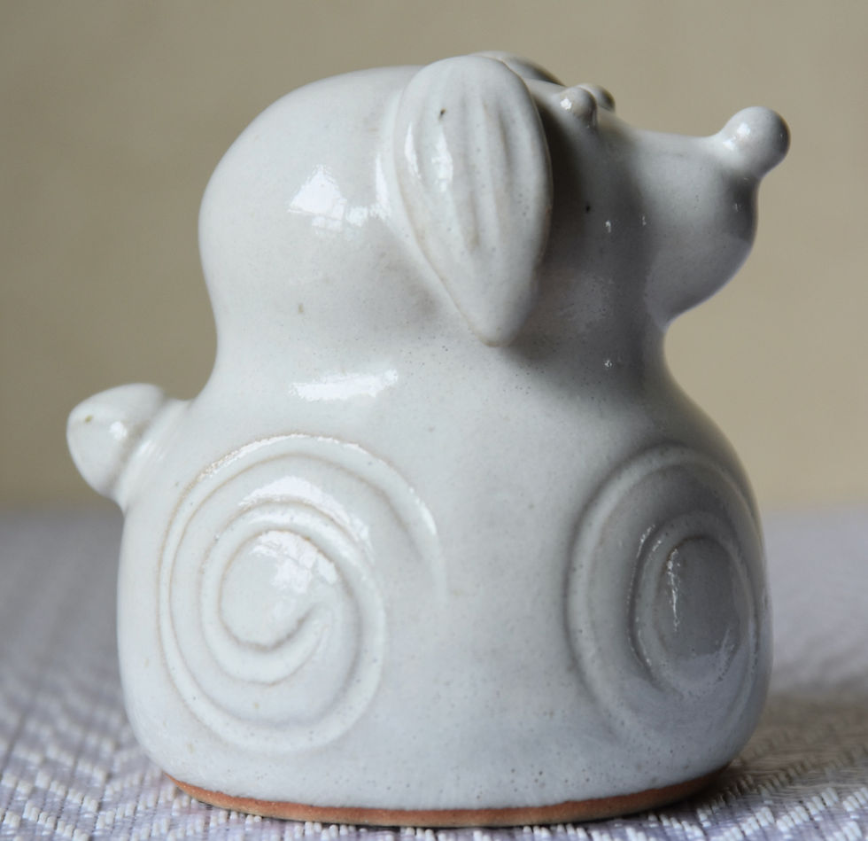 Thumbnail: vintage japanese dorei bell shino yaki ware Hisagi mine white dog inu figurine studio pottery retro folk toy signed mingei