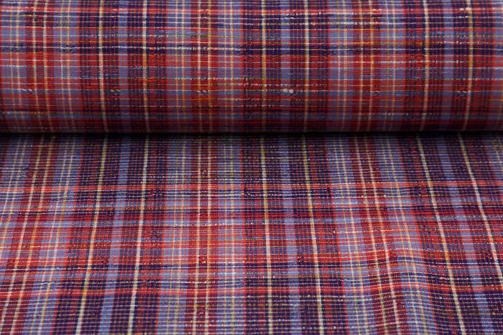 Thumbnail: vintage japanese handwoven blue red high grade kimono fabric wool tsumugi koushi checkered lattice mingei ikat by the yard