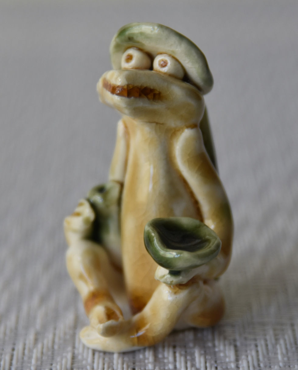 Thumbnail: KAPPA Japanese Yokai Figurine Oribe Yaki Yellow Green Artisan Folk Pottery