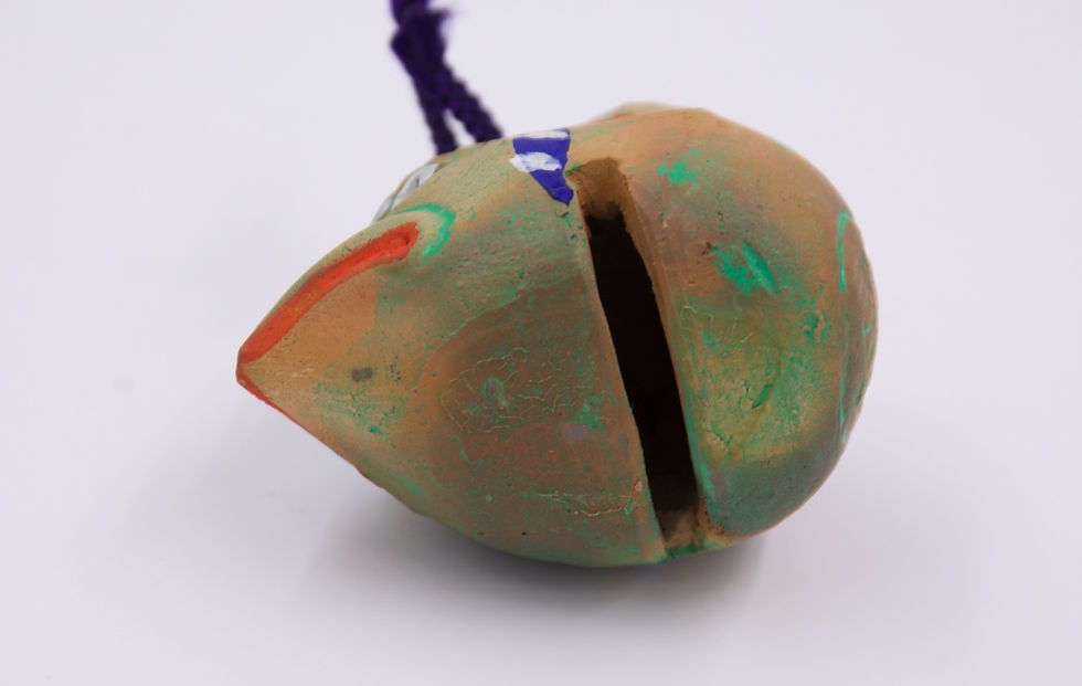 Thumbnail: KARASU TENGU Japanese Dorei Bell Yokai Earthen Figurine Green Folk Art Toy