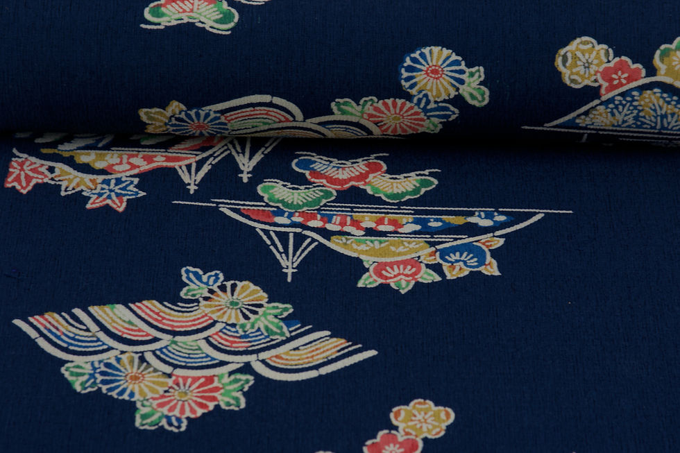 Thumbnail: KODAI CHIRIMEN Japanese Fabric Silk Wool Navy Blue Ume Yama Matsu Kiku Pine Folk